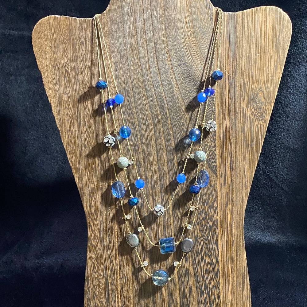 Chic Blue Beads, Rhinestones and Silver Accent Multi-Strand Necklace
